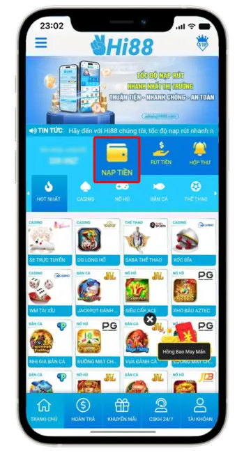 Bước 1: Tại trang chủ chọn mục "NẠP TIỀN".